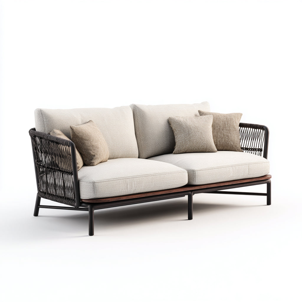 Sofás de exterior de metal ratán y tela 190x82x78 cm beige negro y madera natural para terraza - diseño moderno de 2 plazas