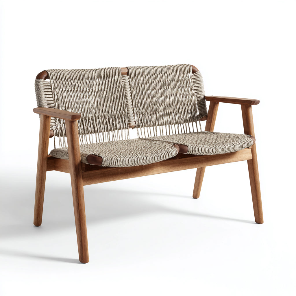 Bancos de jardín de madera y cuerda 130x60x82 cm - natural-beige - diseño moderno con reposabrazos