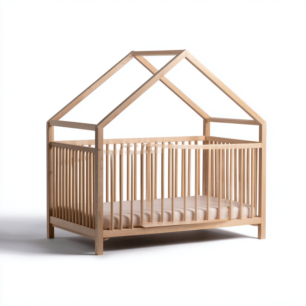 Camas infantiles de madera 190x90x160 cm - natural - diseño casa con techo abierto y barrera de seguridad