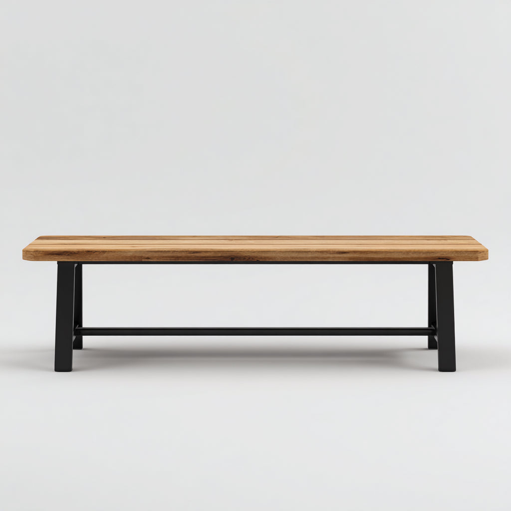 Bancos de jardín de madera y metal 160x40x45 cm madera natural y negro para exterior - diseño industrial sin respaldo