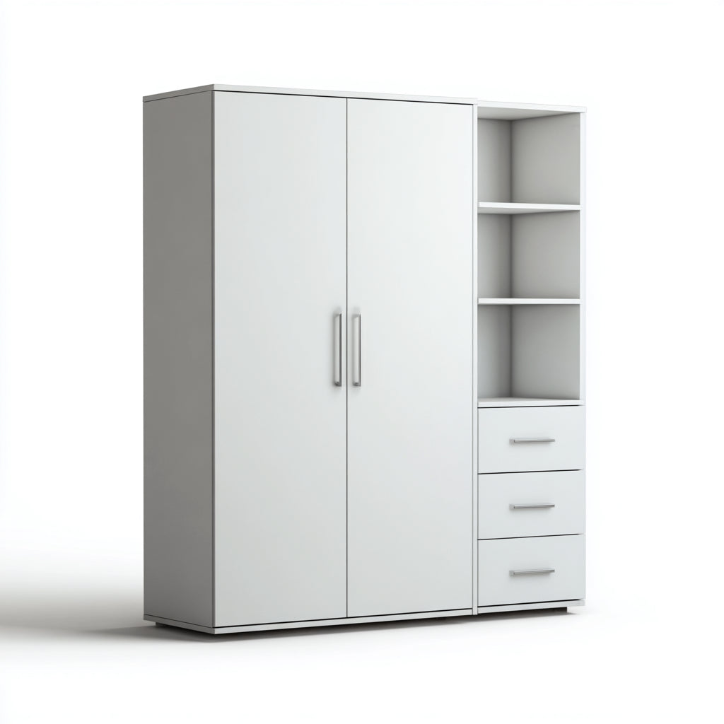 Armarios de MDF 150x50x180 cm blanco y gris para dormitorio - diseño moderno con 2 puertas y 3 cajones