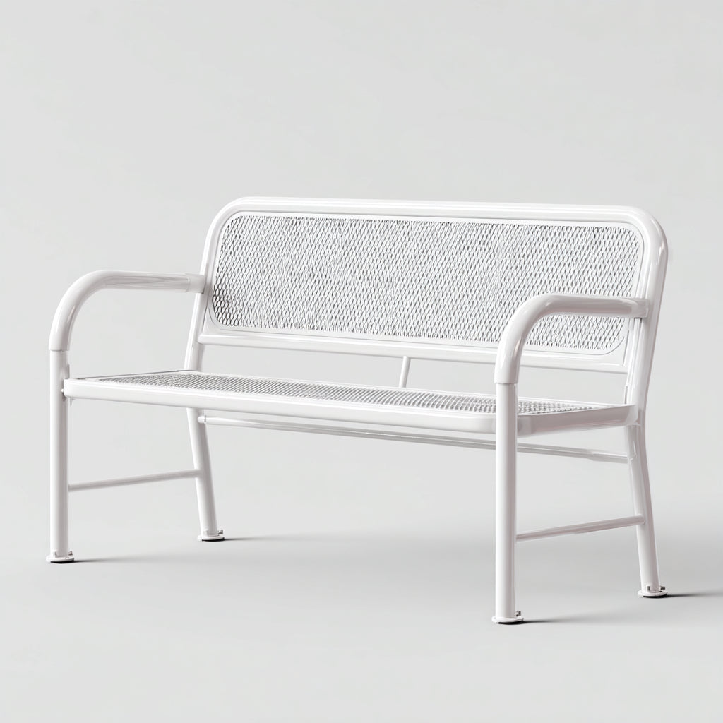 Bancos de jardín de metal 125x55x82 cm blanco para exterior - diseño moderno con reposabrazos