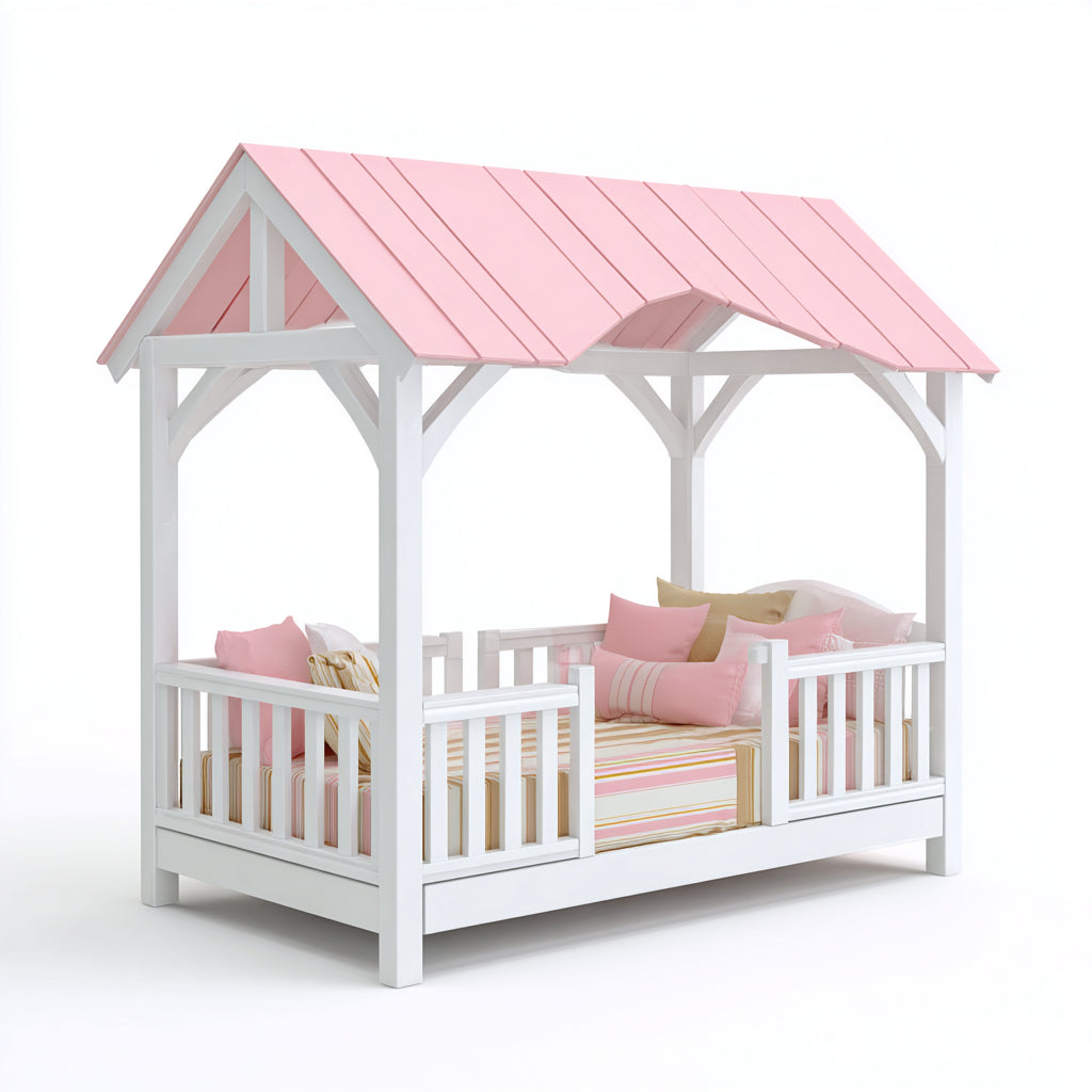 Camas infantiles de madera 200x100x180 cm blanco-rosa diseño casa con barandillas