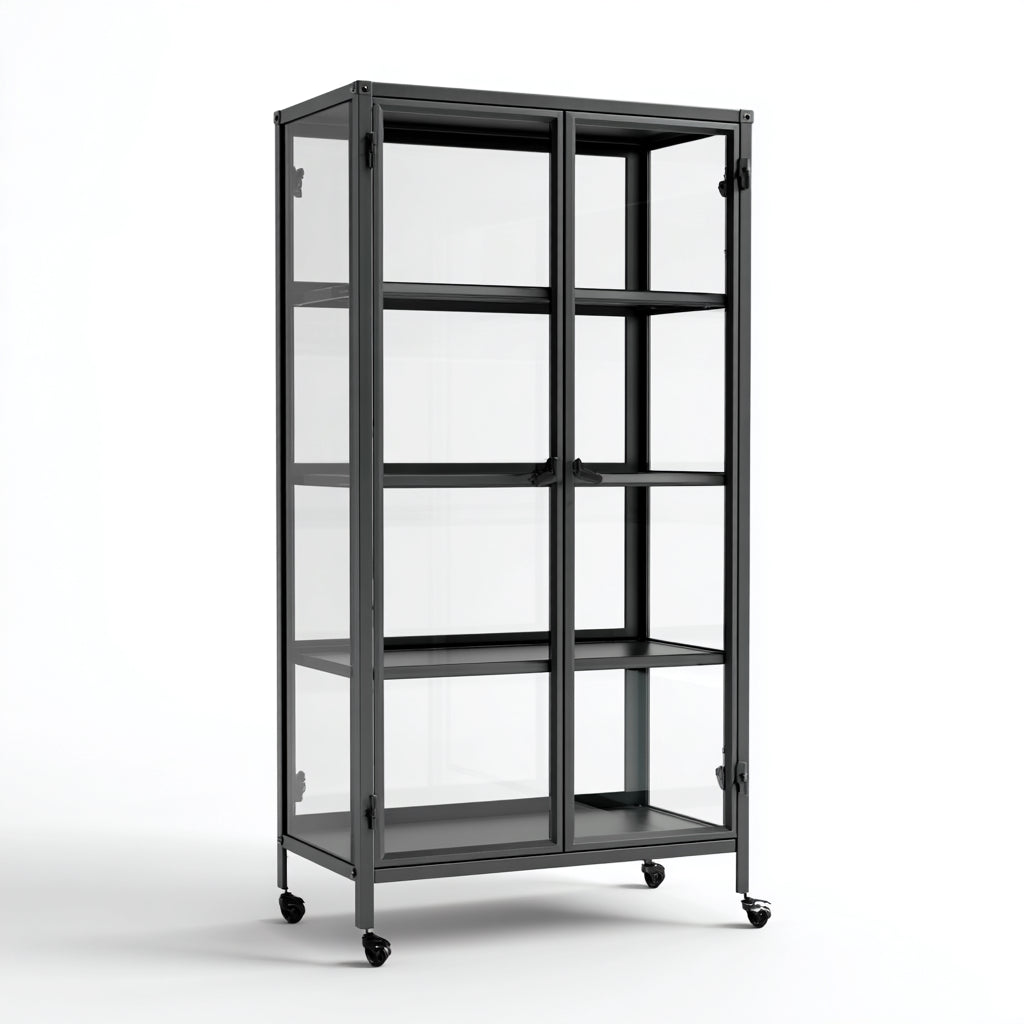 Vitrinas de metal y vidrio 90x40x170 cm gris oscuro para salón - diseño industrial con ruedas