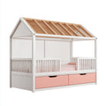 Camas infantiles de madera 200x100x180 cm blanco rosa y madera natural para dormitorio - diseño casita con cajones