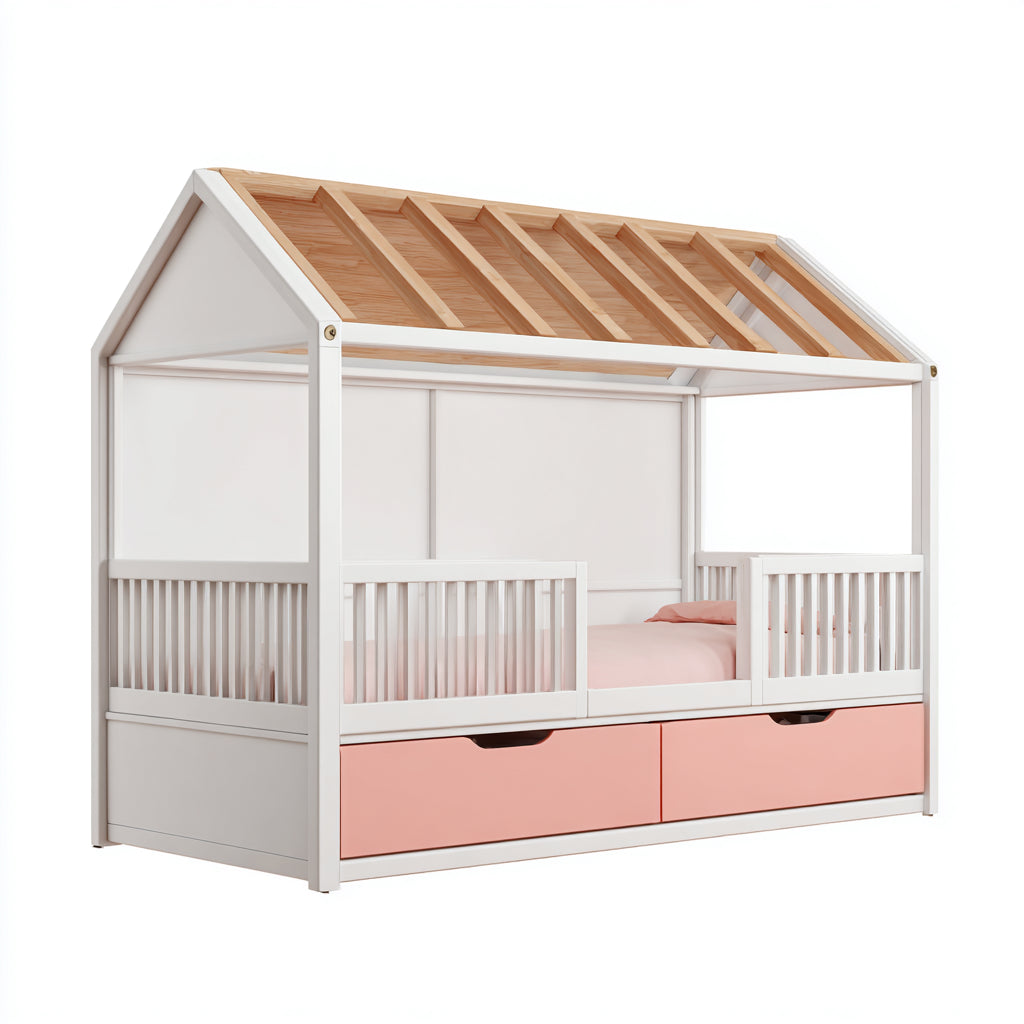 Camas infantiles de madera 200x100x180 cm blanco rosa y madera natural para dormitorio - diseño casita con cajones