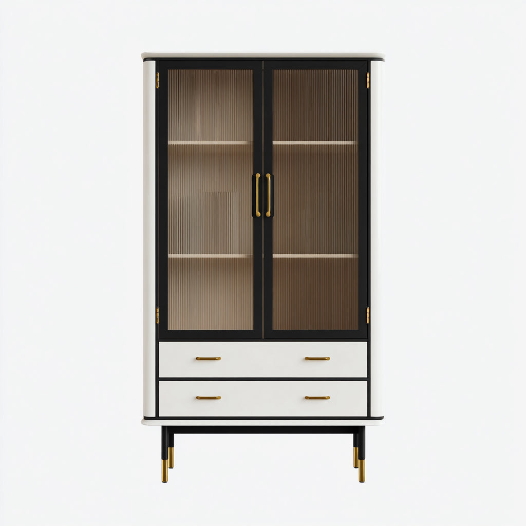 Vitrinas de MDF y vidrio estriado 85x40x155 cm blanco negro y dorado para salón - diseño moderno con cajones
