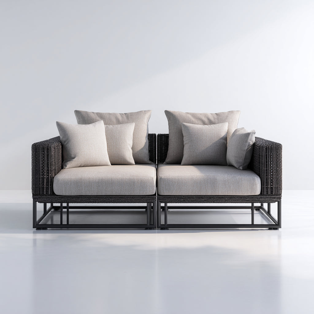Sofás de exterior de ratán y metal 180x85x78 cm beige y negro para terraza - diseño moderno de 2 plazas