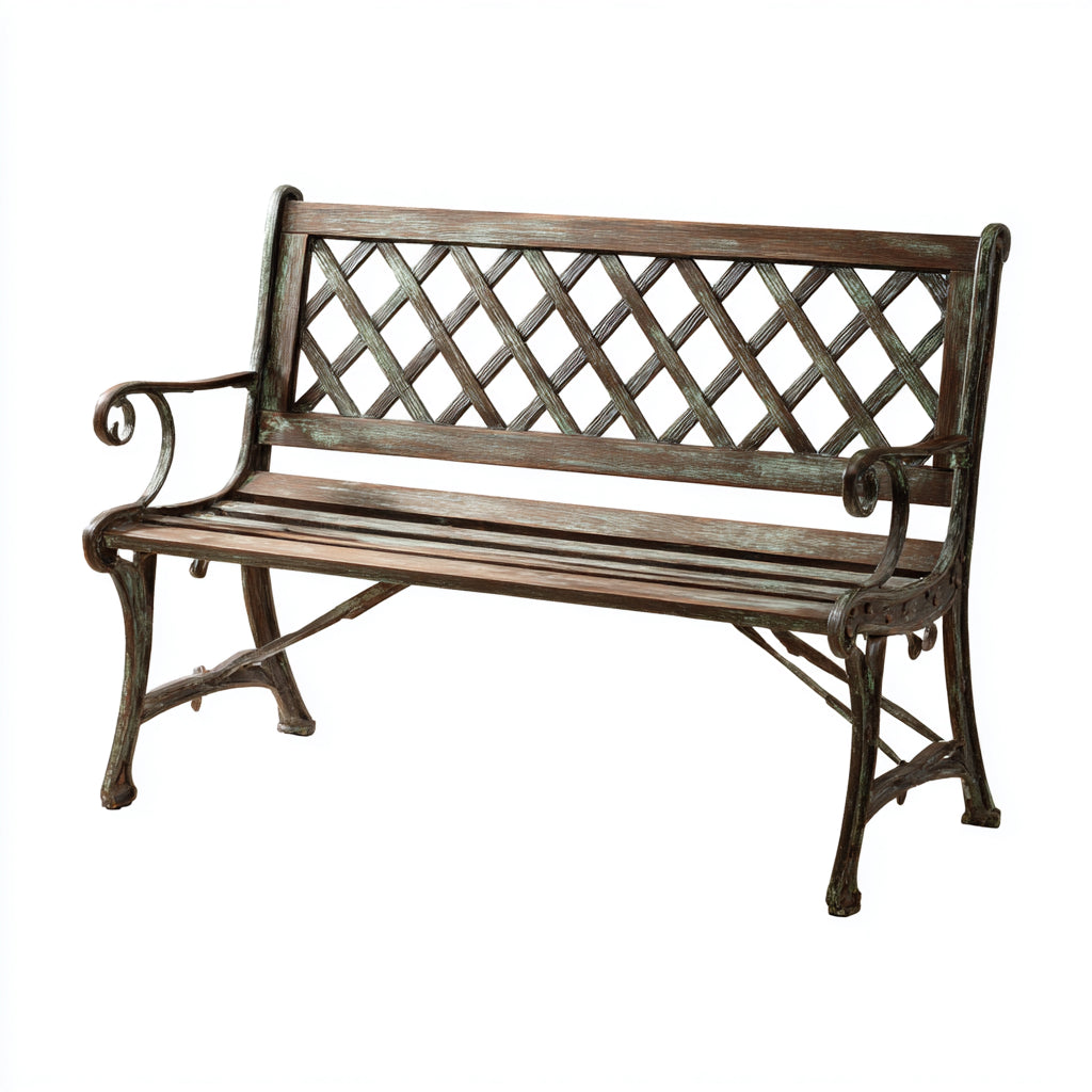 Bancos de jardín de madera y metal 140x55x88 cm - marrón-verde - diseño vintage con respaldo en celosía