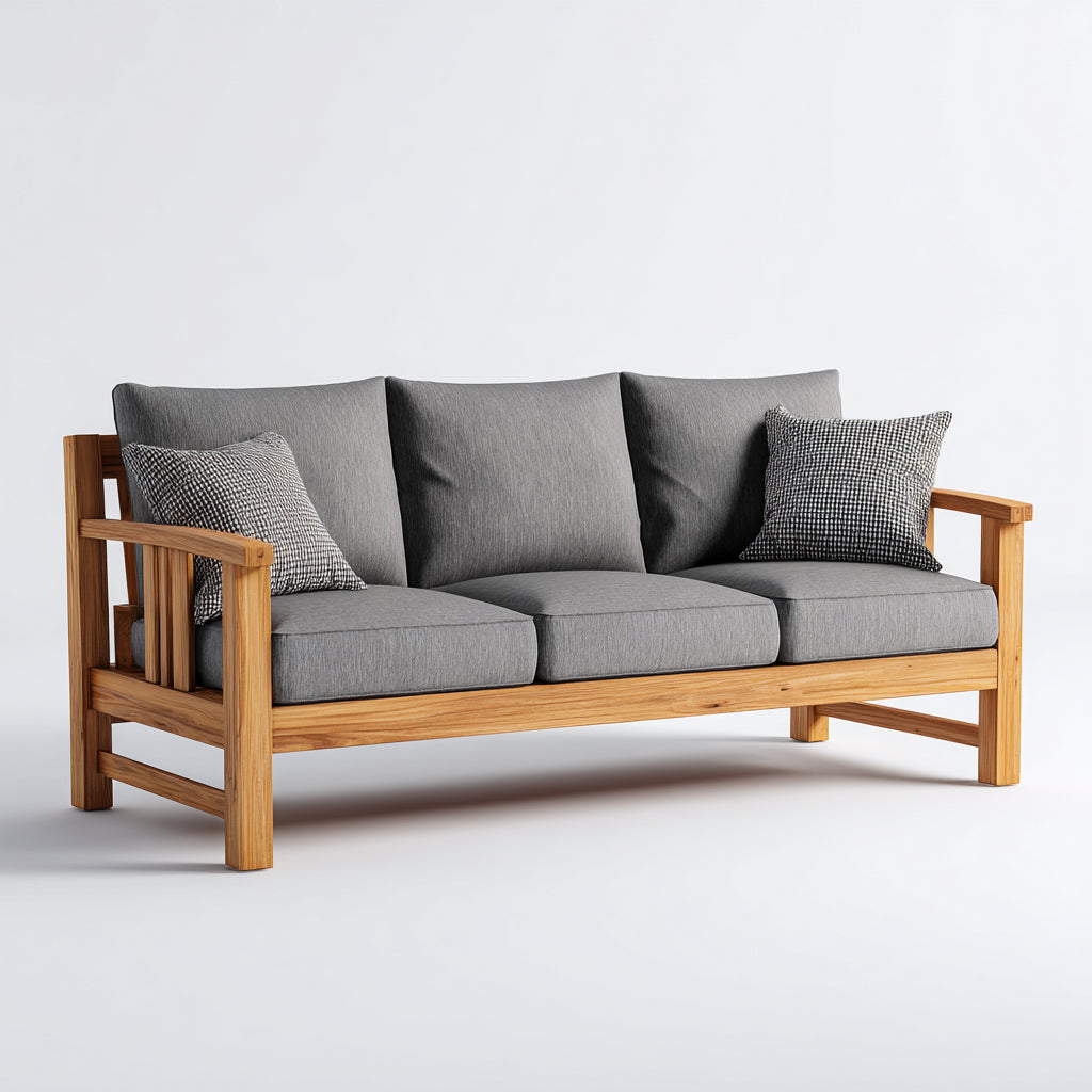 Sofás de exterior de madera y tela 200x78x78 cm gris y madera natural para terraza - diseño moderno de 3 plazas