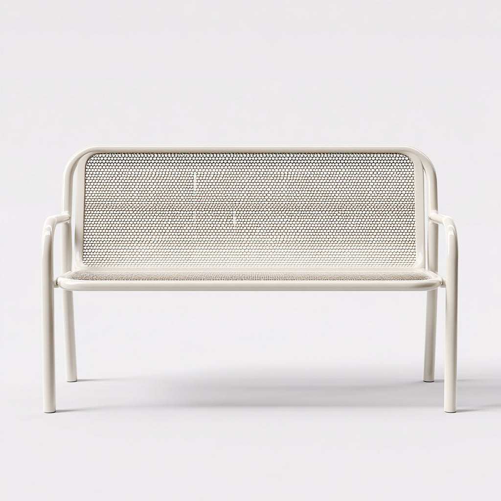 Bancos de jardín de metal y ratán 120x55x80 cm beige diseño moderno con respaldo tejido