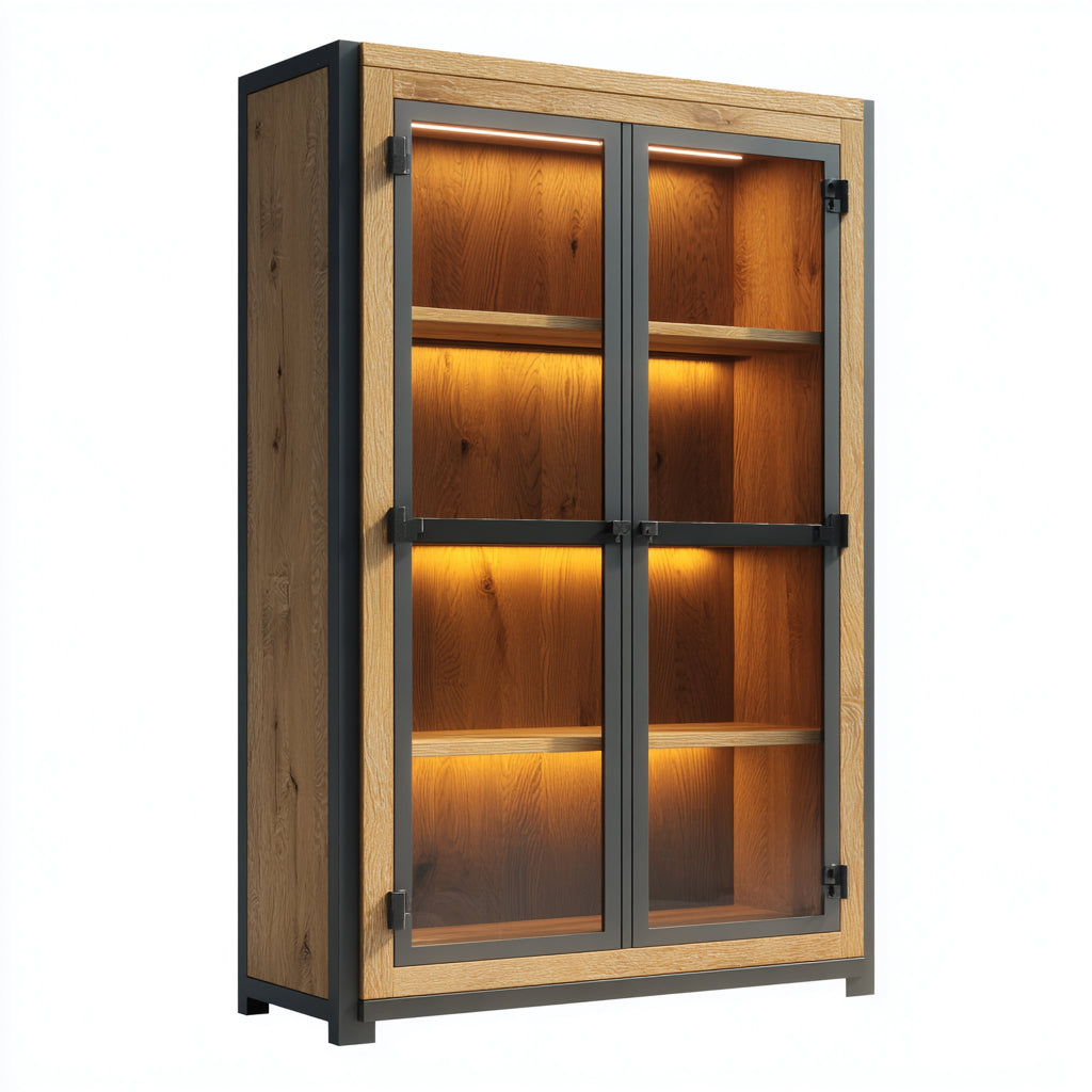 Vitrinas de madera y vidrio 100x40x170 cm natural y negro - diseño moderno para salón