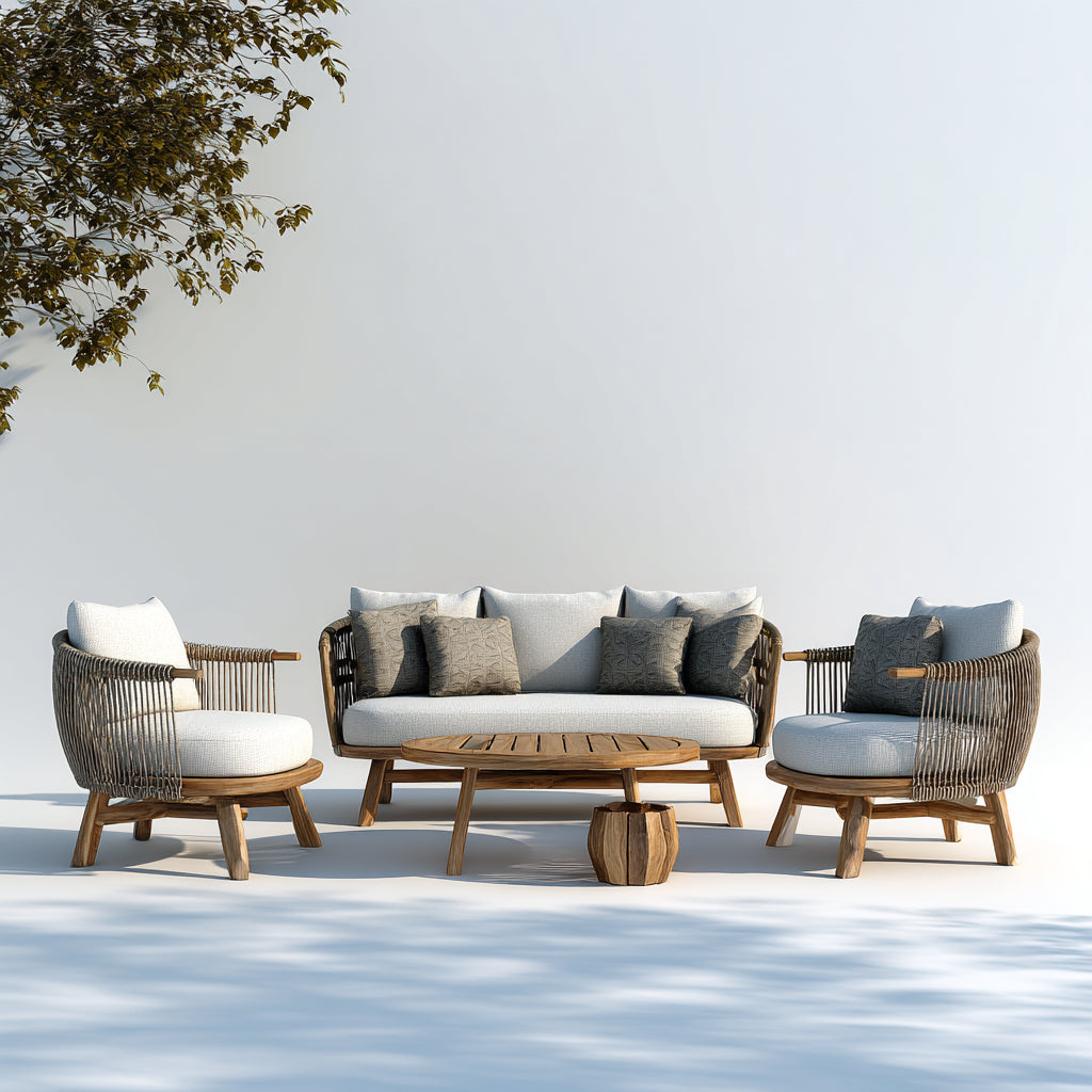 Sofás de exterior de madera y cuerda 240x80x78 cm - natural-beige - conjunto moderno con sillones y mesa