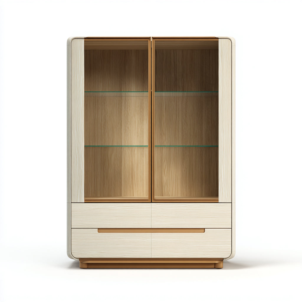 Vitrinas de MDF y vidrio 100x42x160 cm color madera natural para salón - diseño moderno con cajones