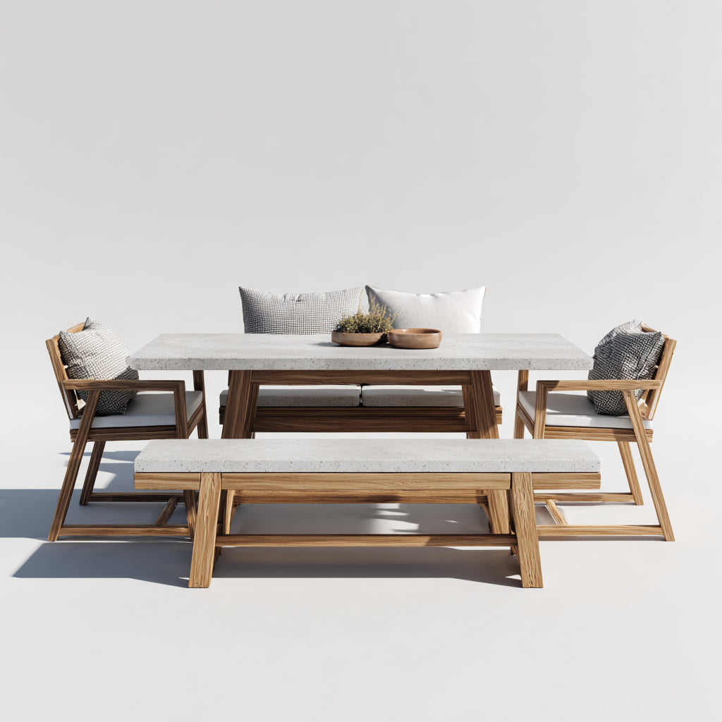 Mesas de jardín madera y piedra 200x100x75 cm natural y gris - conjunto completo exterior