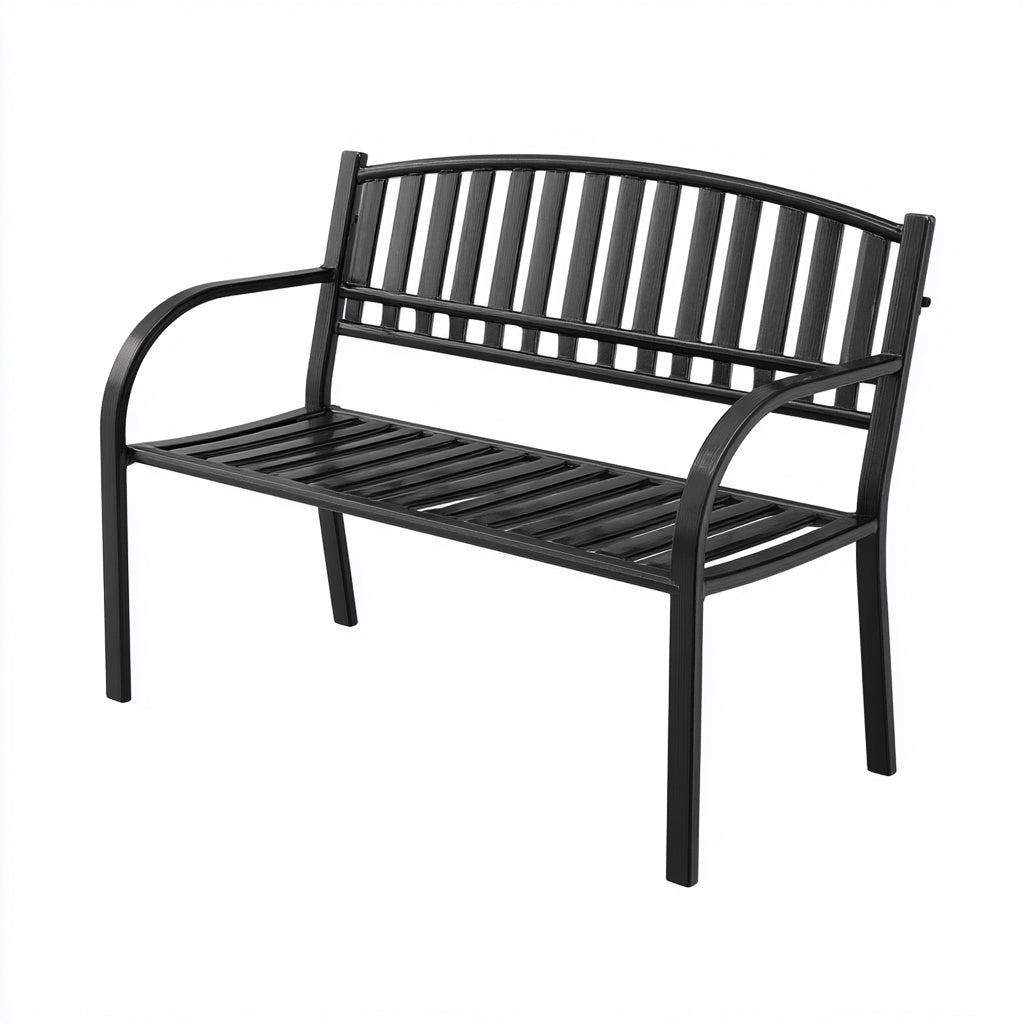 Bancos de jardín de metal 120x60x85 cm negro diseño clásico con respaldo y reposabrazos