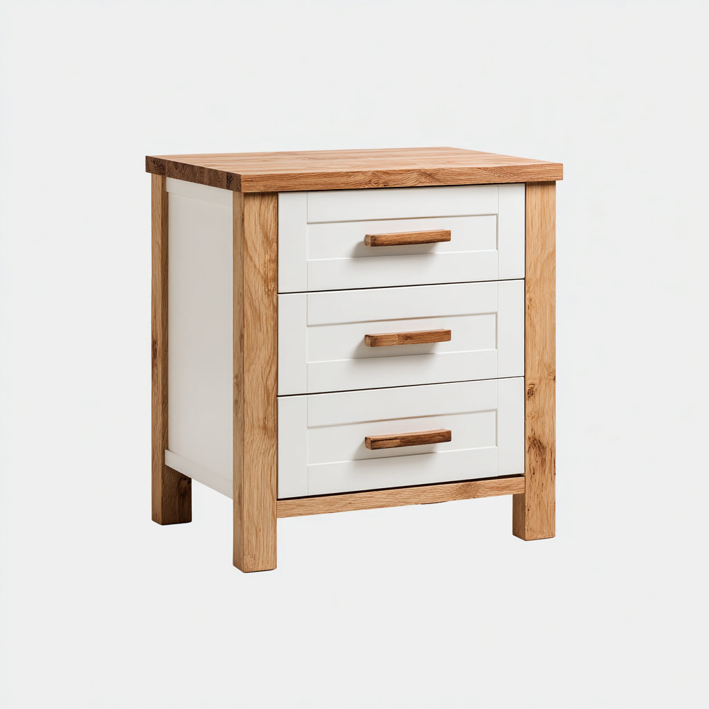 Mesitas de noche de madera y MDF 55x40x65 cm blanco y madera natural para dormitorio - diseño moderno con 3 cajones