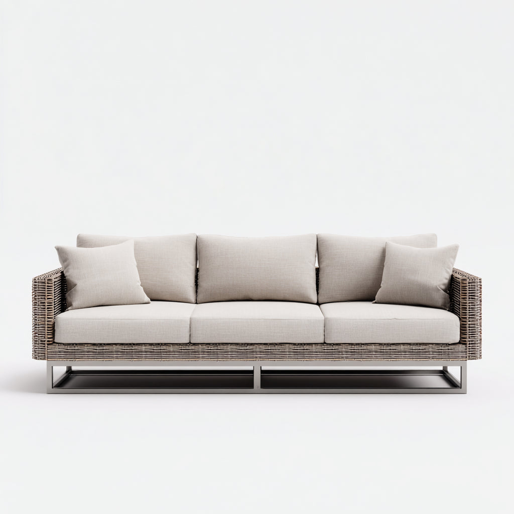 Sofás de exterior de ratán y metal 210x80x75 cm beige y marrón para terraza - diseño moderno de 3 plazas