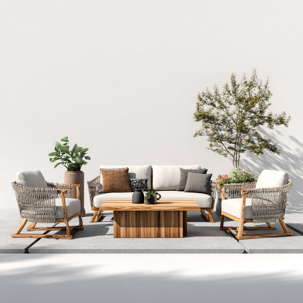 Sofás de exterior conjunto de jardín ratán y madera 200x80x75 cm beige-marrón diseño natural