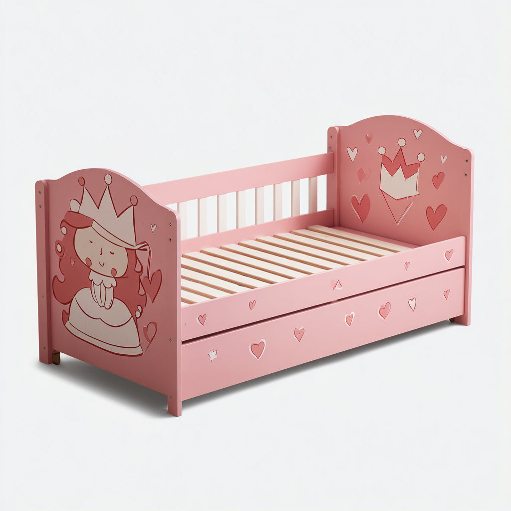 Camas infantiles de madera 160x80x80 cm rosa diseño princesa con barandillas y cajón