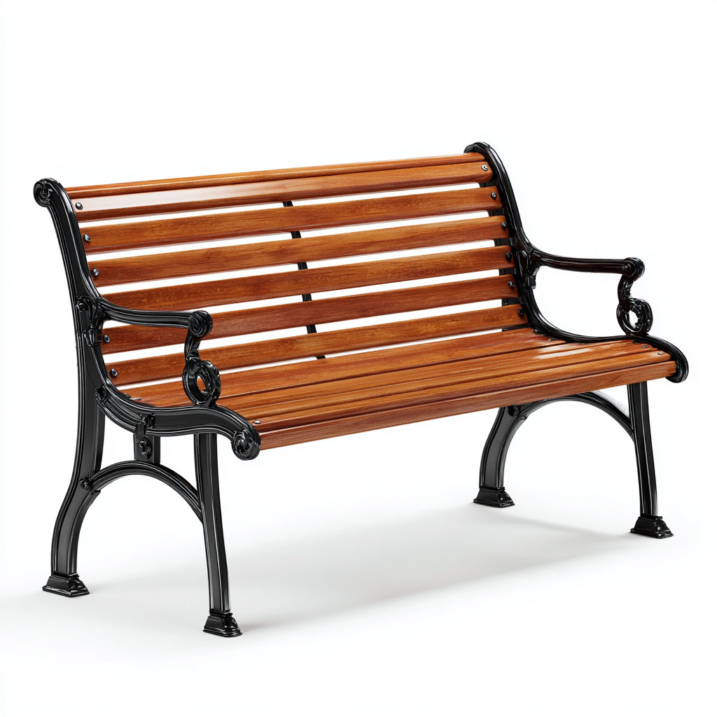 Bancos de jardín de madera y metal 150x60x85 cm madera natural y negro para exterior - diseño clásico con reposabrazos