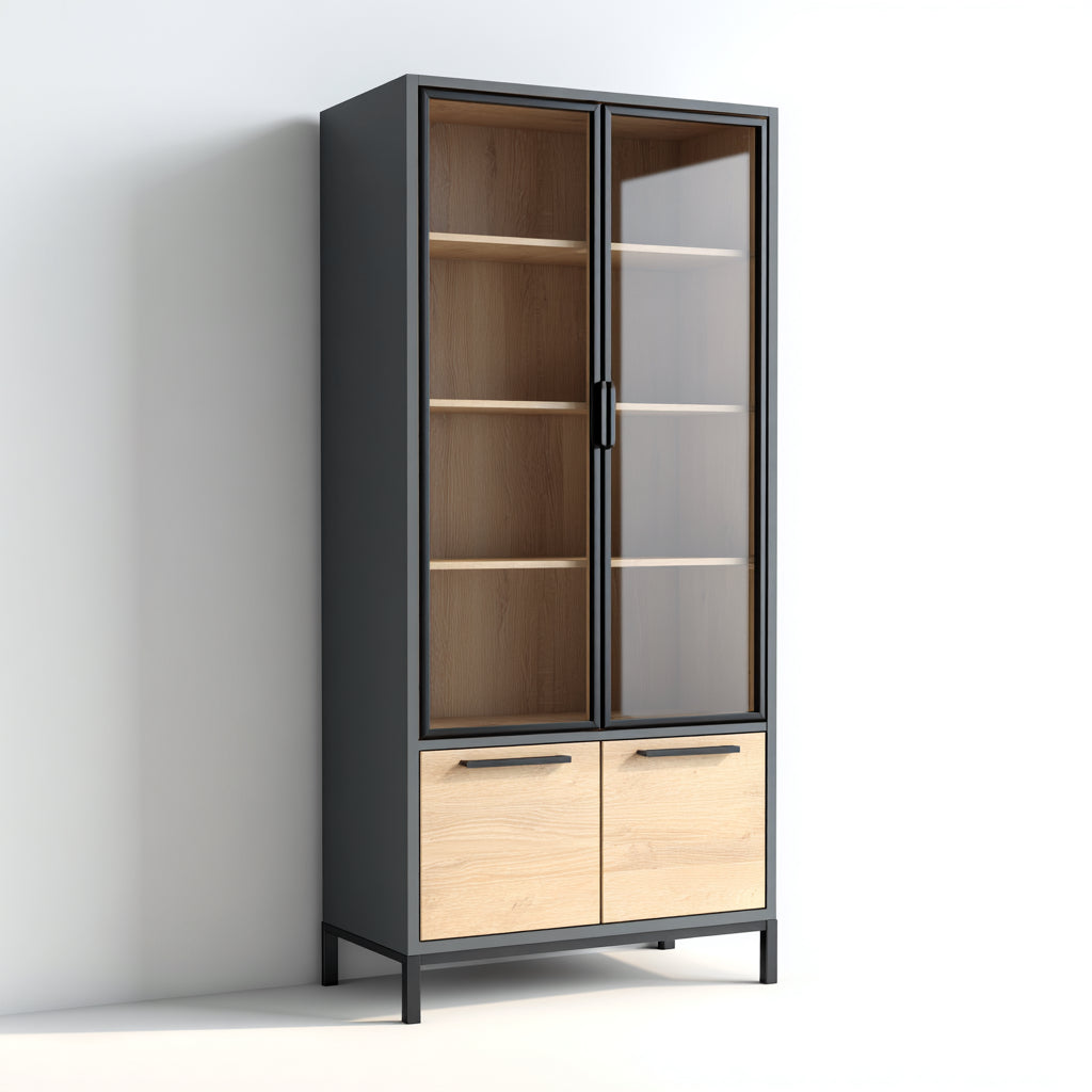 Vitrinas de madera y vidrio 80x35x180 cm negro-marrón diseño moderno con armarios inferiores