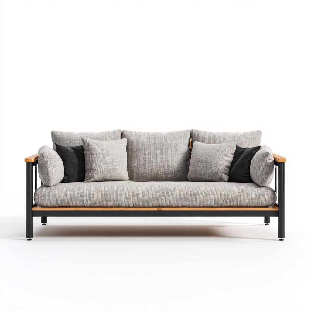Sofás de exterior de metal madera y tela 210x82x78 cm beige negro y madera natural para terraza - diseño moderno de 3 plazas