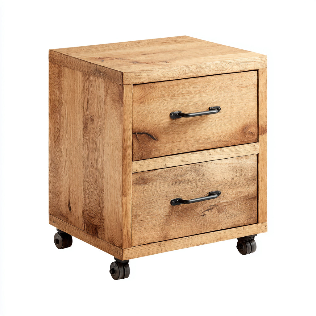 Mesitas de noche de madera 45x40x50 cm marrón diseño industrial con dos cajones y ruedas