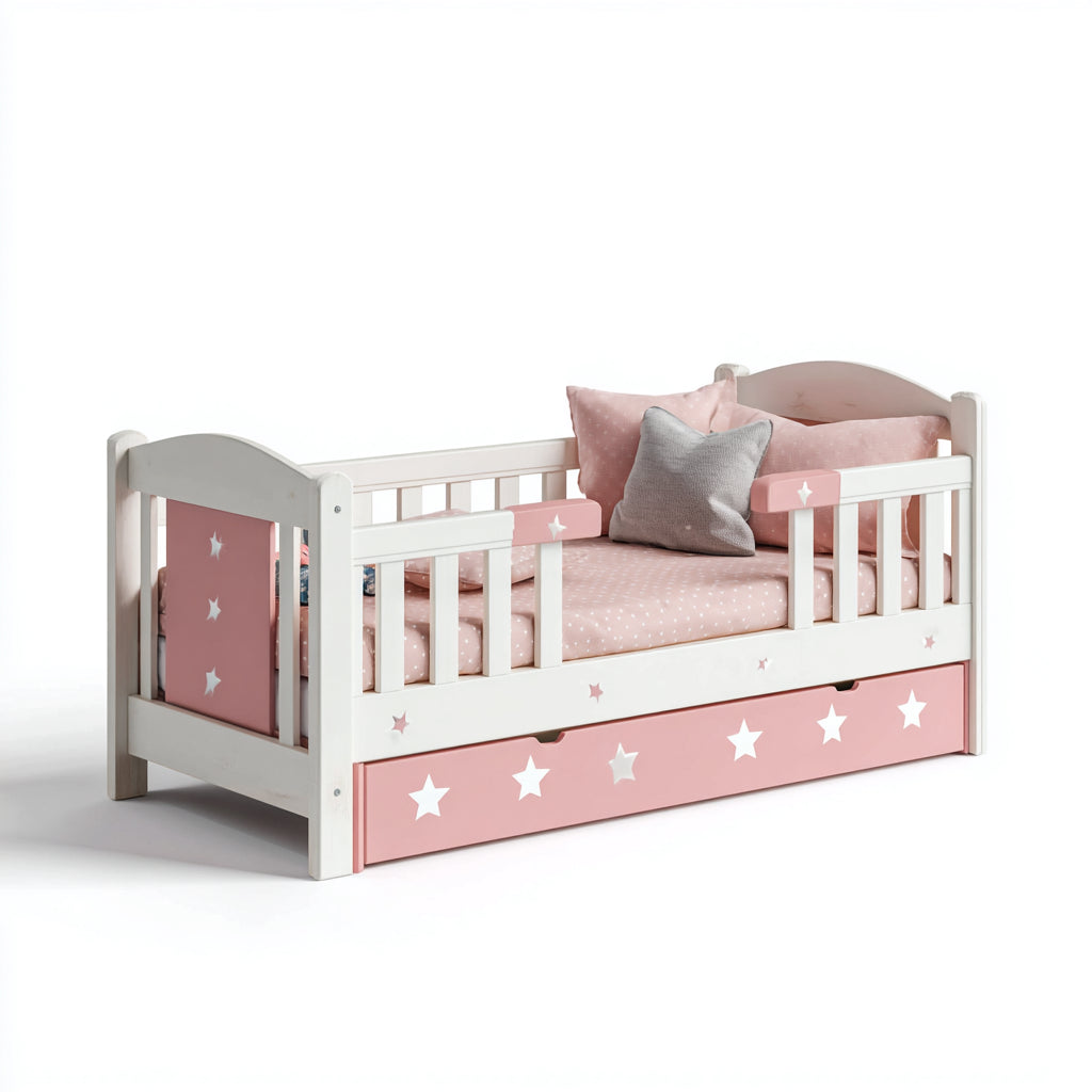 Camas infantiles de madera 190x90x80 cm - blanco-rosa - diseño con estrellas y barrera de seguridad