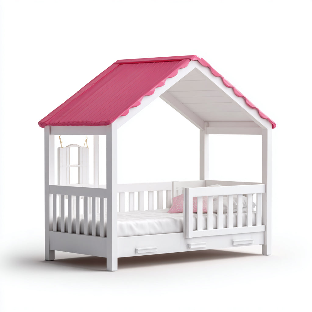 Camas infantiles de madera 200x100x180 cm - blanco-rosa - diseño casa con techo y barrera de seguridad