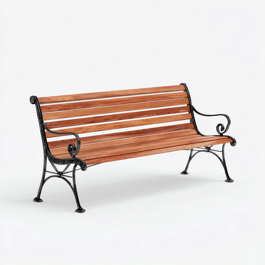 Bancos de jardín de madera y hierro 150x60x85 cm marrón-negro diseño clásico con respaldo y reposabrazos